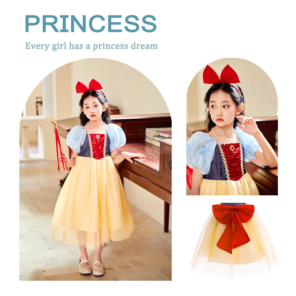 Party Dresses for Girls Snow White Butterfly Mesh Puff Sleeve Dress Children and Girl Performance Costume Festive Dress for Girl