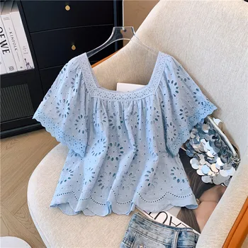 Été français fleur évider chemise col carré à manches courte...