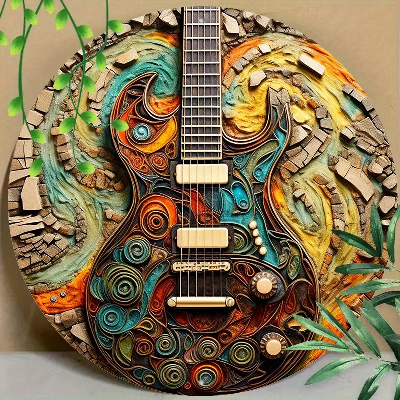 Round Metal Aluminum Mark Guitar Close-up for Home, Living Room, Coffee Shop, Office, Wall Decoration Art, Decorative Poster