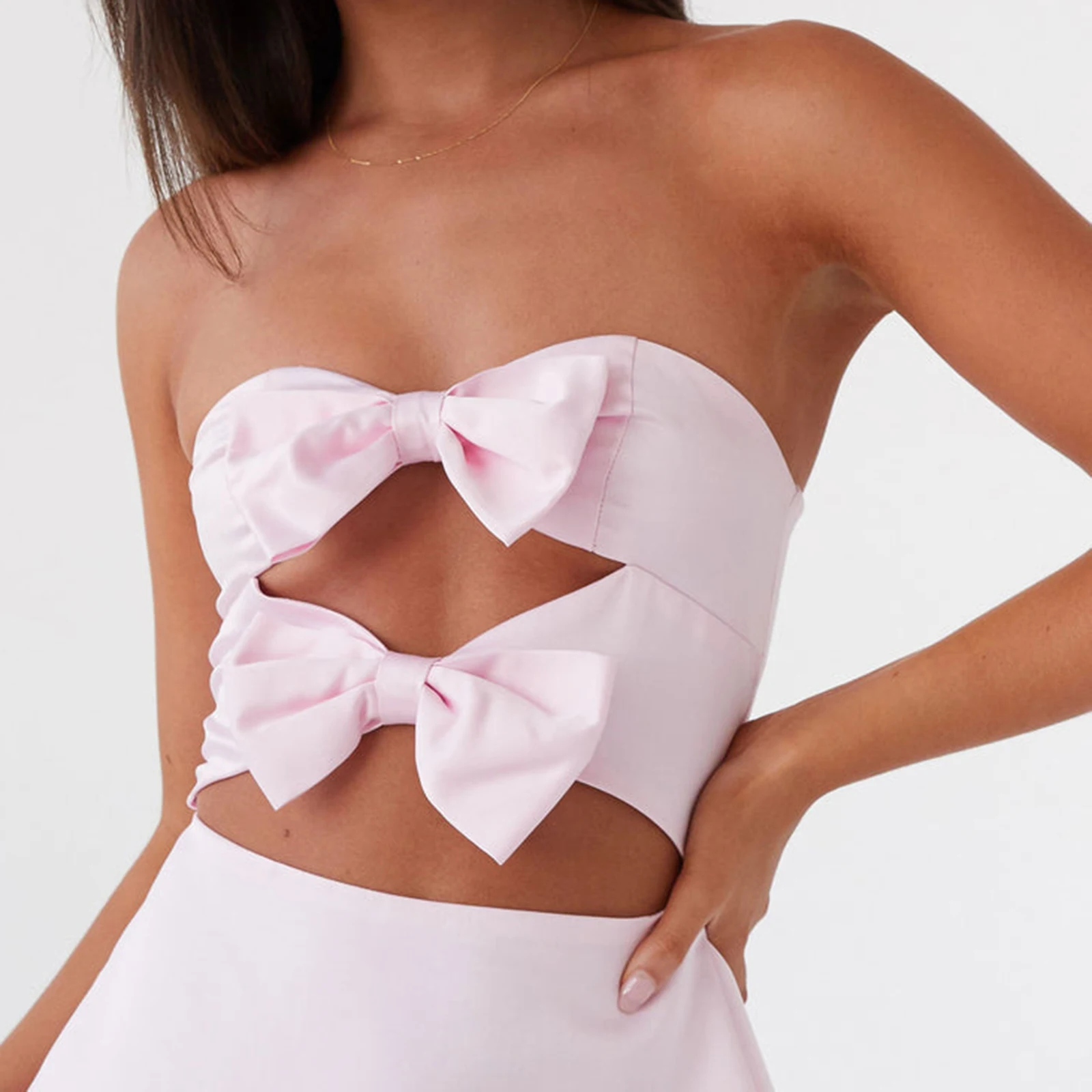 فستان نسائي بدون حمالات أنبوبي أنيق مزين بفيونكة بدون ظهر فستان قصير لحفلات الكوكتيل والشاطئ ملابس الشارع