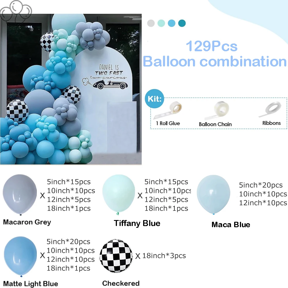 129Pcs Race Car Balloon Garland Blue Grey Latex Balloon Garland Arch Kit Race Car Theme for Birthday Wedding Boys Party Decor