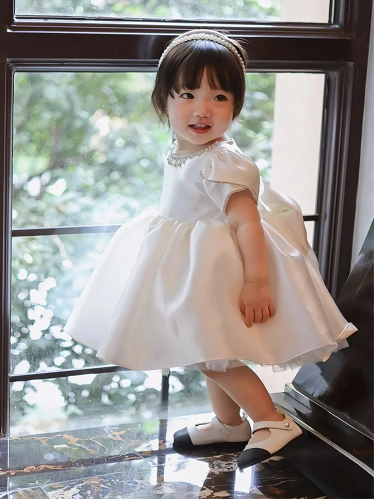 Lovely Satin Flower Girl Dress, Short Sleeve Party Clothing, Kids Birthday Gift, Vestidos de casamento, Princess Gown, Little Baby Girl