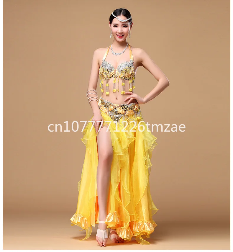 Belly Dance Practice Clothes 2016 New Performance Costume Pearl Embroidery Bra Set Split Flared Skirt