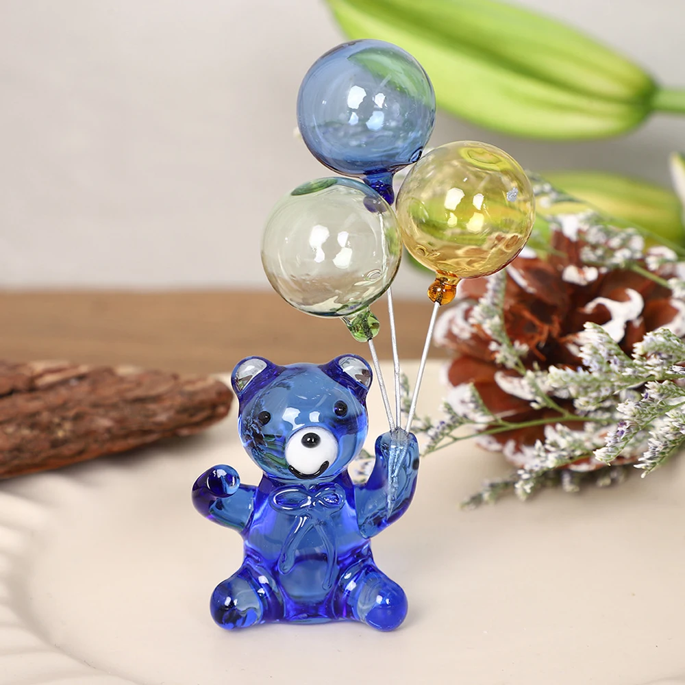 

Blue Hand Blown Glass Bear Figurine Holding Balloons Handmade Art Glass Animals Ornaments Best Ideal Gifts for Women,Girl Friend