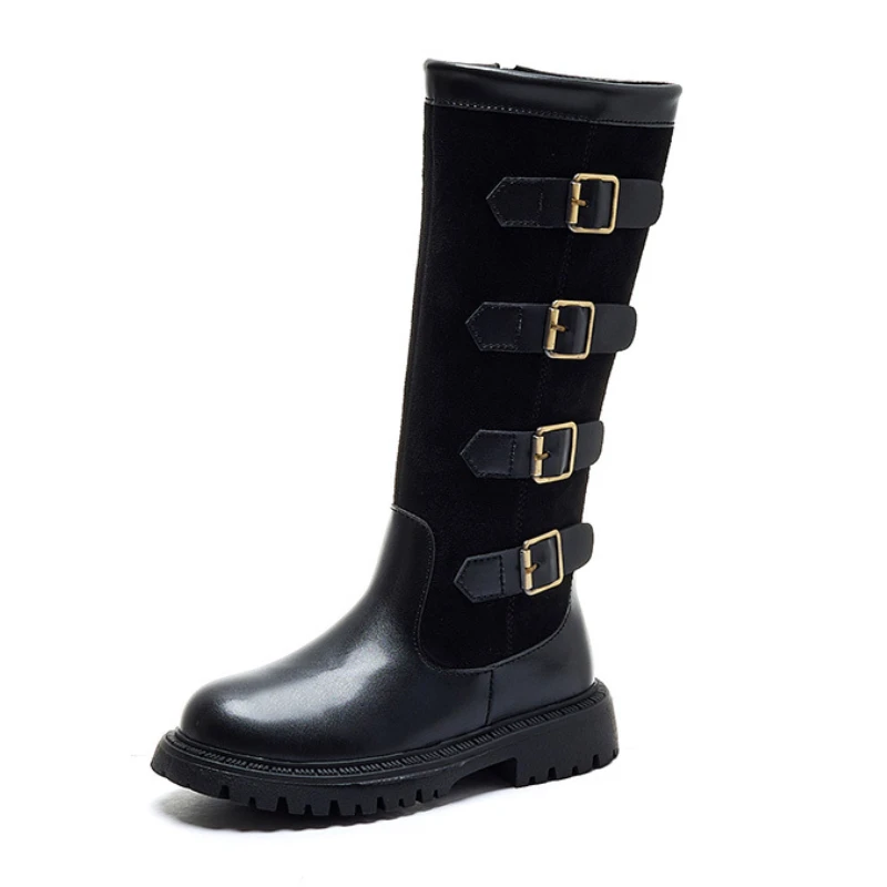 Retro Buckle Girls Boots 2024 Autumn New Fashion Leather Knee-length Long Boots Princess High Top Casual Children Shoes