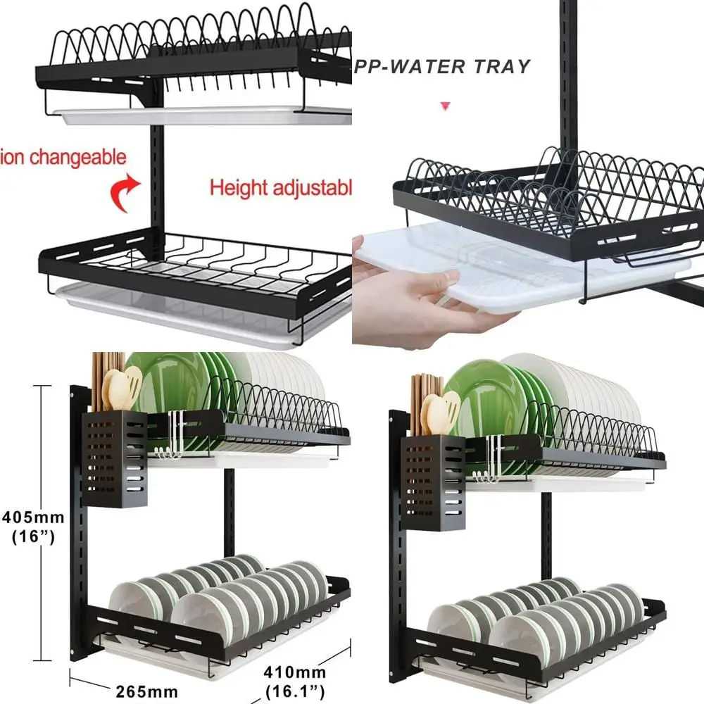 

Over-the-Sink 2-Tier Stainless Steel Dish Rack with Adjustable Height, Drain Tray, and Black Coating for Kitchen Storage