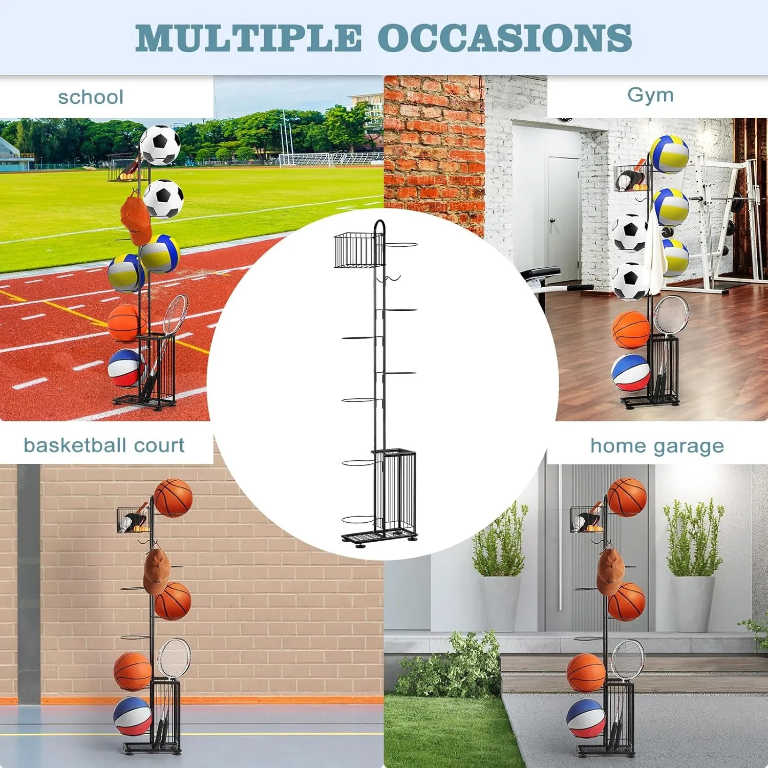 رف تخزين كرة السلة مكون من 7 طبقات |   حامل كرة قائم بذاته للكرة الطائرة/كرة القدم/كرة السلة في الأماكن المغلقة/الخارجية مع سلة