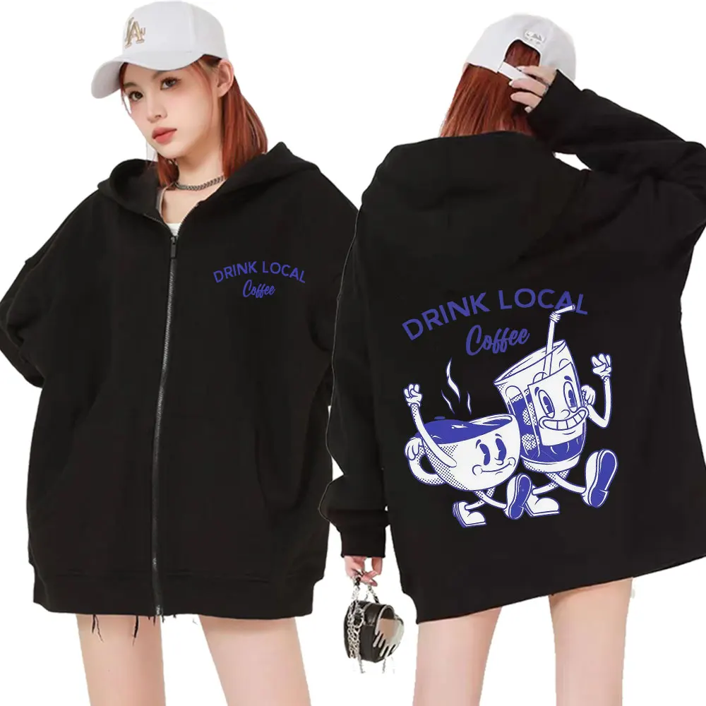 شرب القهوة المحلية مضحك ميمي الجرافيك سستة هوديس الرجال النساء خمر طويلة الأكمام زمم بلوزات الراحة فضفاضة مقنعين معاطف #1