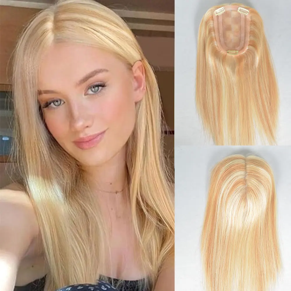 Hair Toppers for Women Mono Lace 4x6 Top Hair Pieces Blonde Highlight 100% Human Hair Topper No Bang for Clip In Hair Extensions