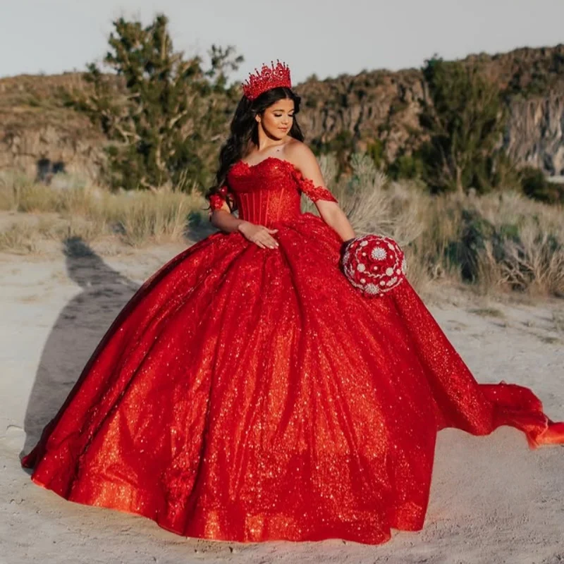 

Customized Shiny Red Quinceanera Dresses Off the Shoulder sequin applique Lace Long tail Big Bow Vestido 15 Quinceanera