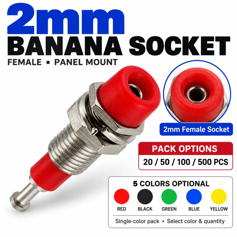2mm Banana Female Socket Jack Insulated Panel Mount Terminal Red Black Green Blue Yellow 20 50 100 500PCS for Test Panel Wiring