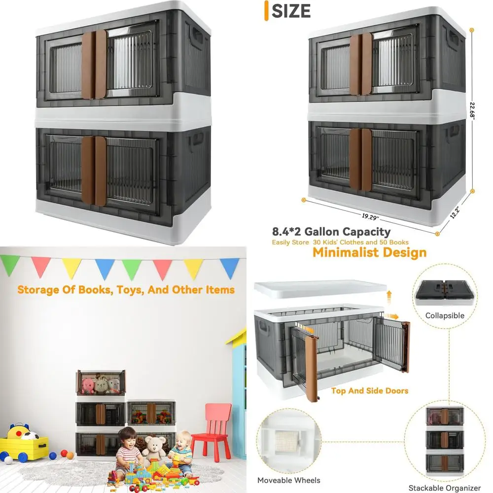 

Storage Bin, Plastic Cabinet, 8.4 Gallon Capacity (32L Per One), 2 Pack, Collapsible Box with Lids, Foldable Drawer, Transparent