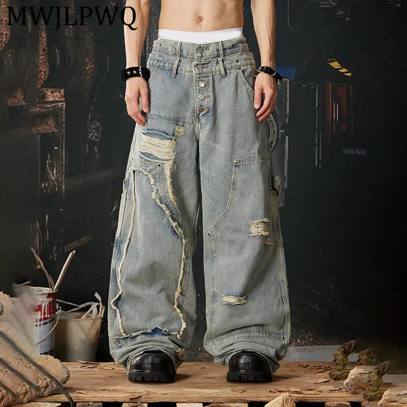

MWJLPWQ Men's New Unique Niche Street Style Jeans Washed Distressed Double Waistband Rivet Machete Trousers Spring Autumn 14916