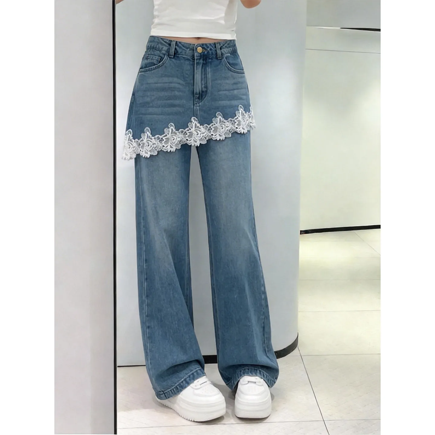 Harajuku Chic Light Blue High Waist Wide Leg Jeans With White Lace Trim Sweet Cool Straight Denim Pants Women Streetwear Trendy