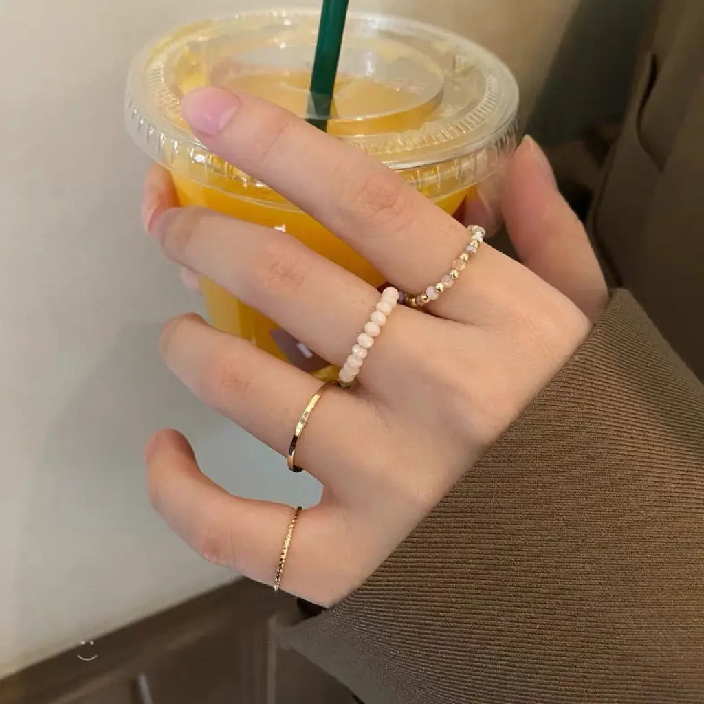4Pcs/set Colorful Beaded Finger Rings For Women Elegant Simple Gold Color Rings Set Girls Trendy 2024 New Jewelry Party Gifts