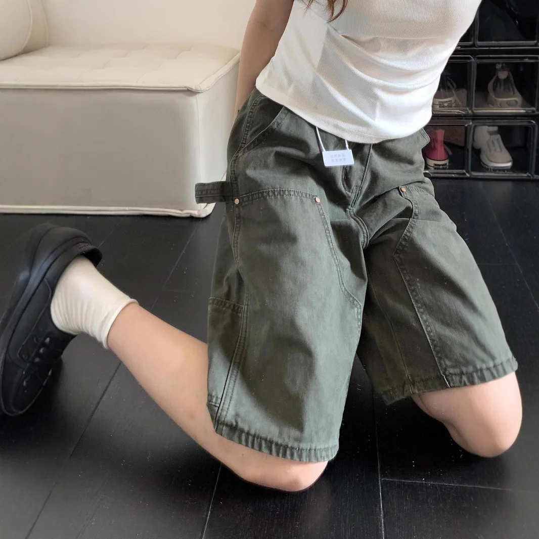 2026 New Summer Women Army Green 5 Points Cargo Jeans Loose Multi Pocket Versatile Straight Leg Outdoor Wide Leg Trendy Shorts