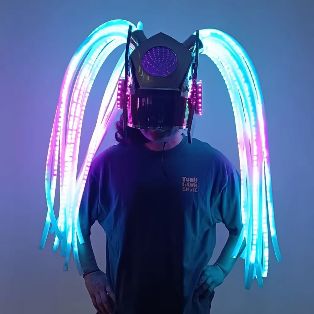 Máscara de cola de caballo doble, casco que brilla en la oscuridad, casco de Robot de Cosplay que cambia de Color LED, baile en escenario, club nocturno, Bar, fiesta de actuación