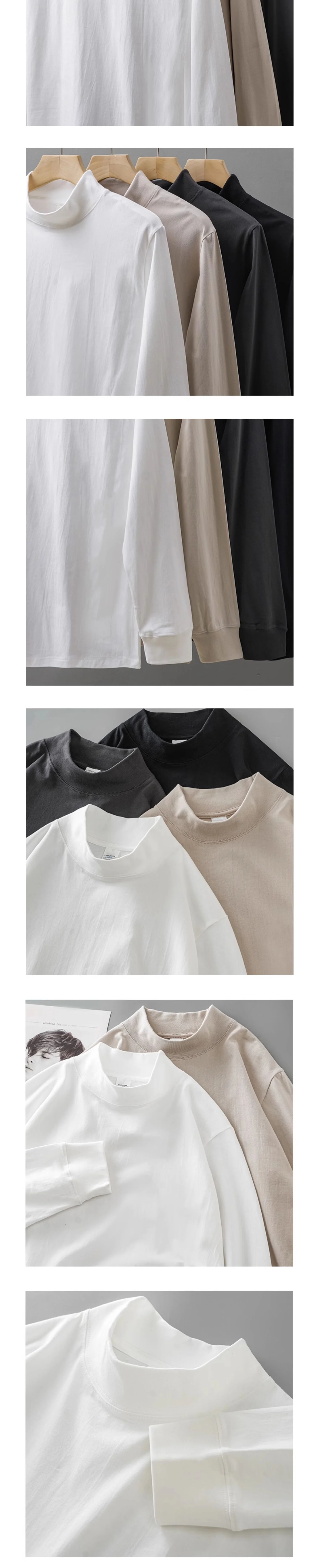 Dukeen 270G Schwergewicht-T-Shirts mit halbem Rollkragen und langen Ärmeln für Herren, Herbst, 100 % Baumwolle, einfarbig, Unterhemd, Herrenbekleidung – Detail 4