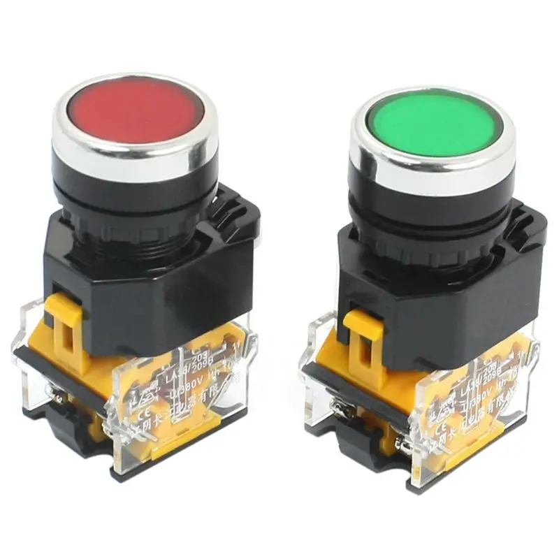 Interruptor de botón momentáneo, montaje de 2 piezas, 22mm, 10A, 380V, DPST, Rojo, Verde