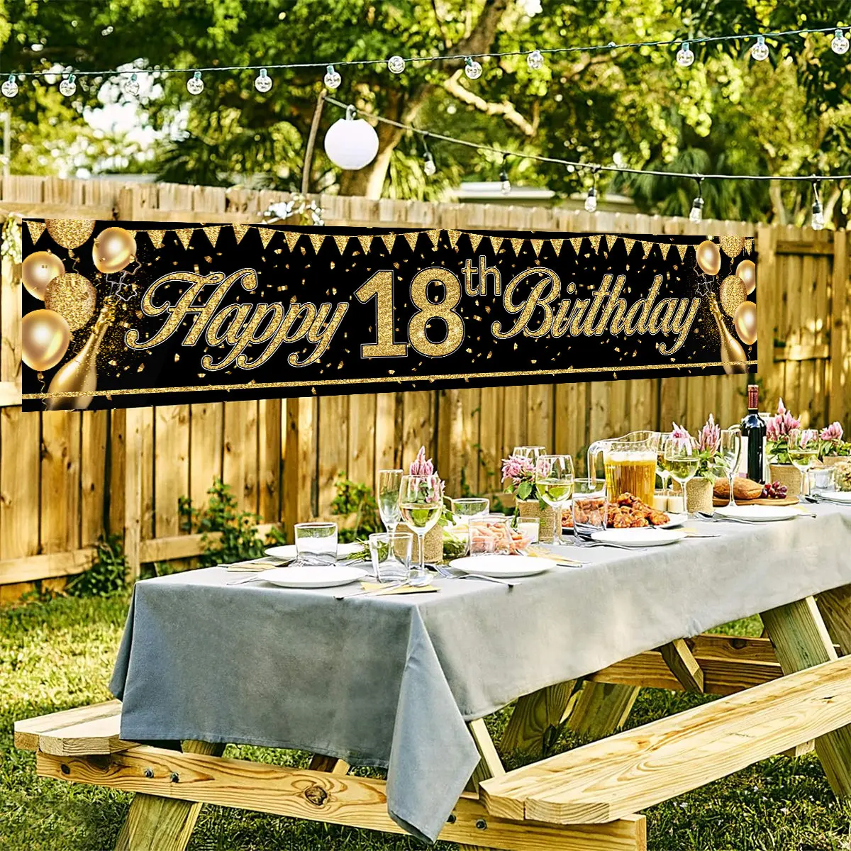 Pancarta de Feliz cumpleaños de oro negro, decoración de fondo de cumpleaños del 18, 21, 60, 70, banderines de fiesta de cumpleaños banderas colgantes