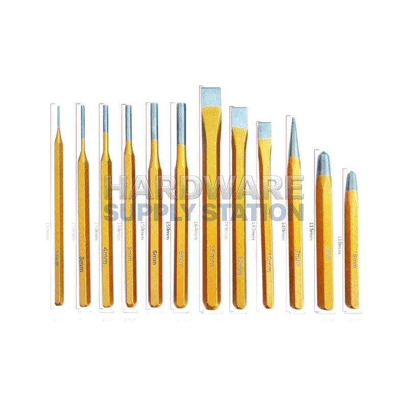 

Набор пробивных инструментов из 12 предметов: стальные плоские и конические пробойники, цилиндрические пробойники, 3 предмета, специальные долота