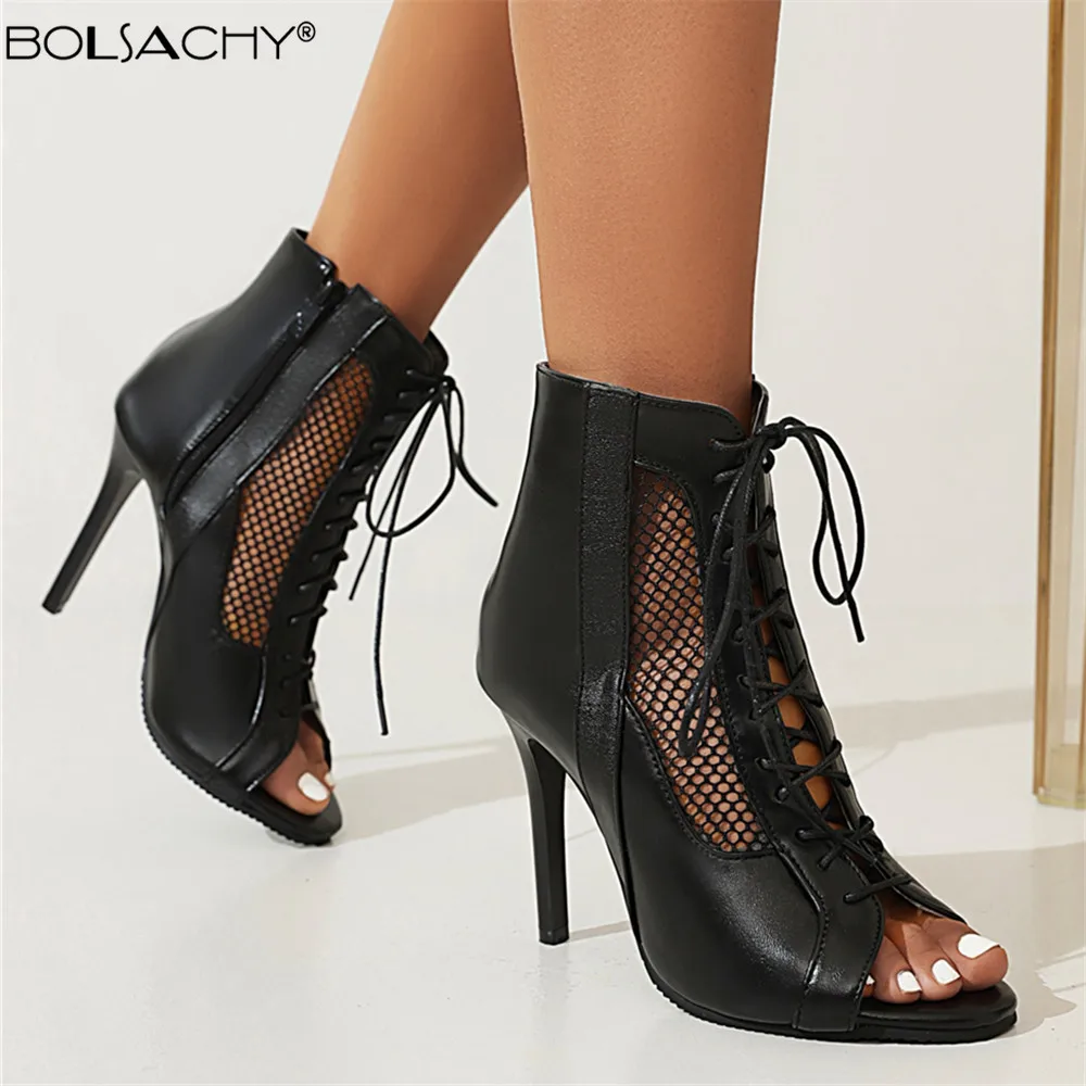 

Women Sandals 2024 High Quality Hollow Mesh Sexy High Heels Open Toe Gladiator Black Summer Sandal Boots Dancing Party Shoes