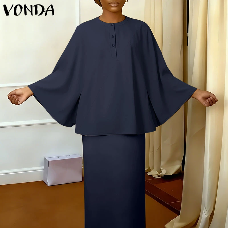 

Plus Size Shirts VONDA 2026 Women Long Flare Sleeve Blouse Fashion Casual Solid Color Round Neck Elegant Office Oversize Top 5XL