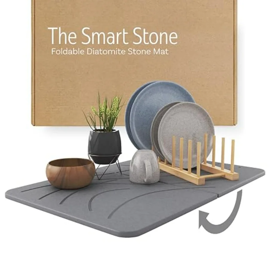 

Большой каменный коврик для сушки посуды с бамбуковой подставкой, 23.6 x 15.4, из диатомитовой земли, складной, быстро впитывающий воду