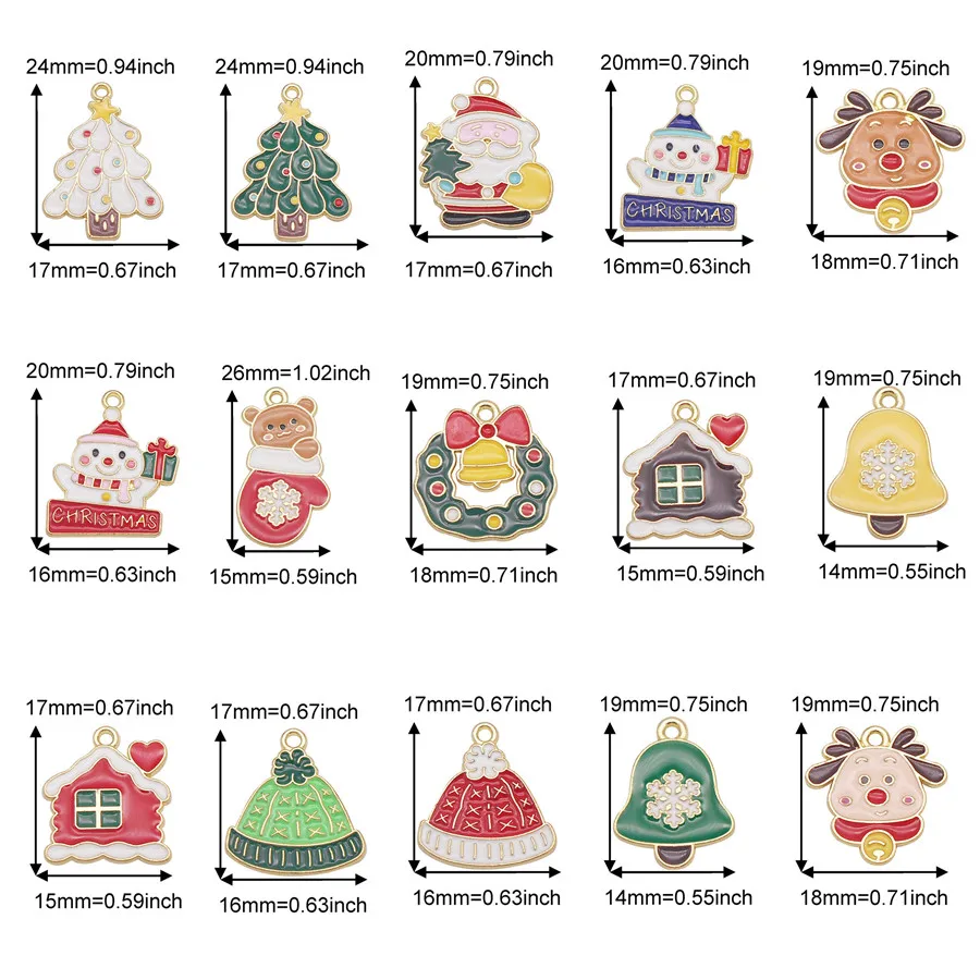 6-30PCS Christmas Charms Gold Color Tone Enamel Santa Deer Hat Tree Bell House Snowman Bracelet Pendant Jewelry Accessory