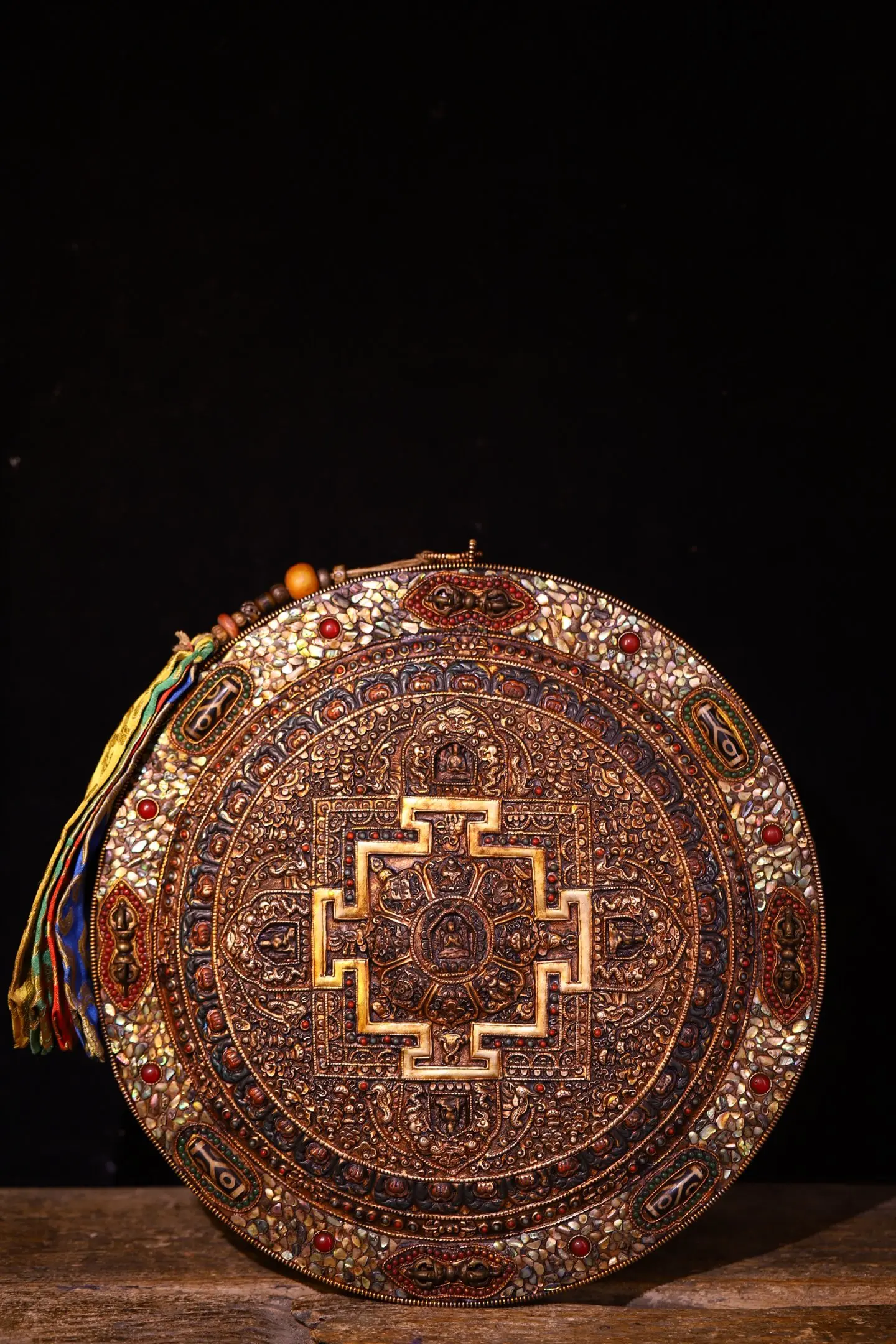 Old Tibetan Silver Gilded Mosaic Gem Turquoise Lucky Eight Treasures Five sided Buddha Mandala Screen