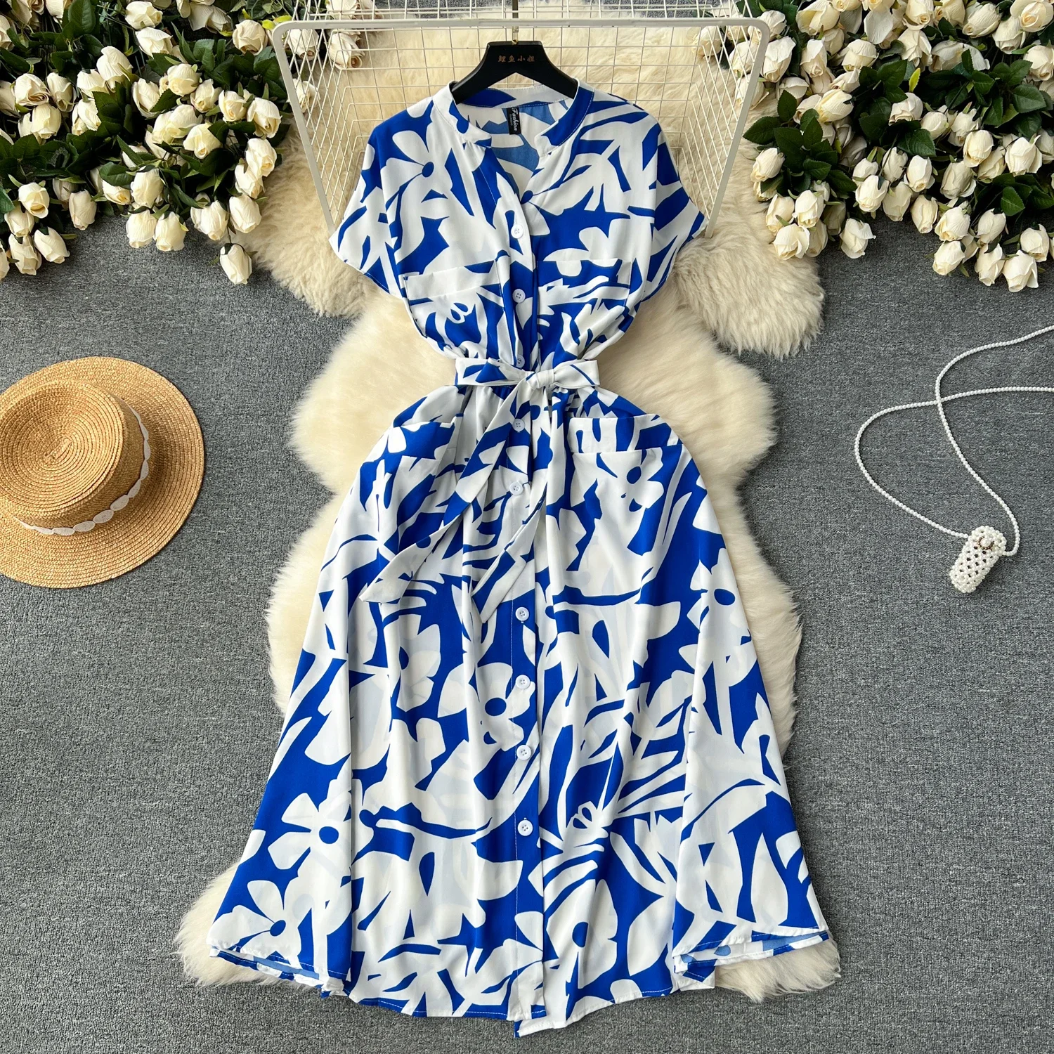 Summer Women Printed Midi Dress Vintage V-Neck Bandage Vestidos Female Elegant Pockets Single Breasted Robe Beach Vacation New