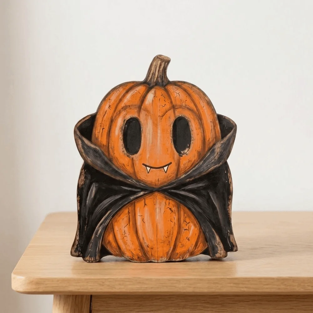 Cartoon Pumpkin Wooden Ornaments Ghost Hand Painted Halloween Pumpkin Figurine Display Decor Stable Base Pumpkin Table Ornament