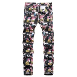 2023 Mens Fashion Colored Jeans Men Streetwear Slim Straight Denim Trousers Male 3D Digital Painted Stretch Denim Pants