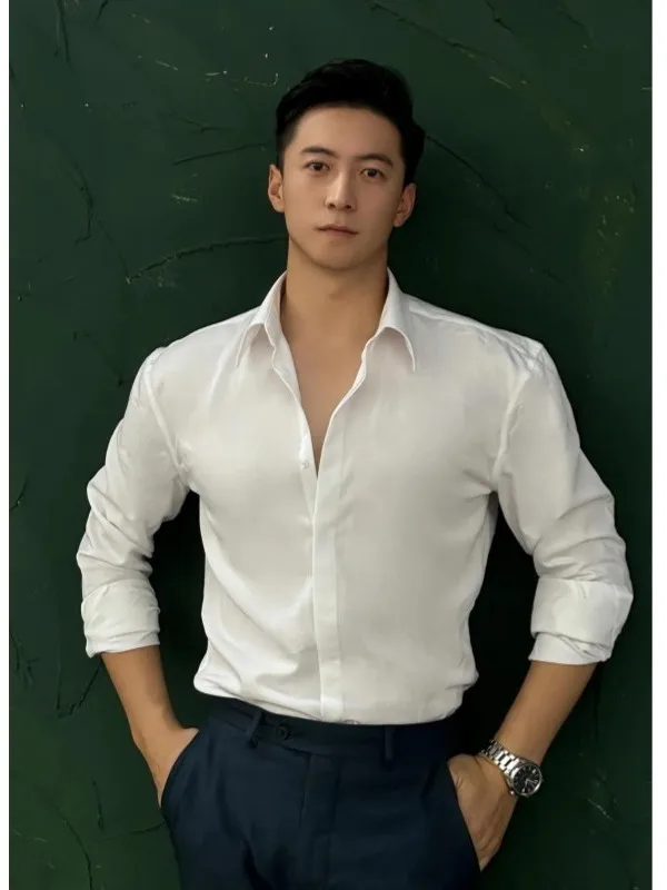 

Spring Autumn Men's Long Sve irt Korean Sle Suit Casual Breathable Polyester Faionable Stand Fit Inner Wear