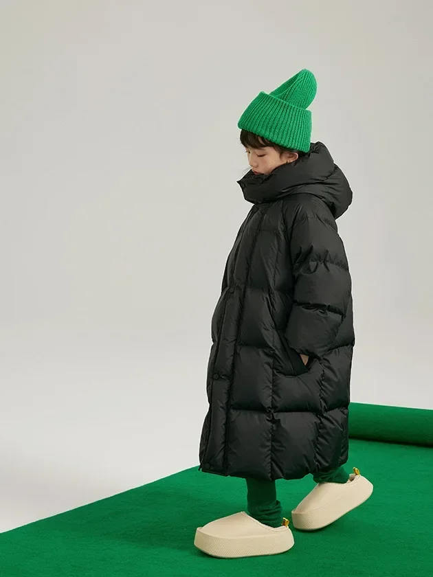 Girls Boys Long Down Padded Jacket Hooded Medium Children Korean Version Foreign Style Solid Color Casual Padded Jacket Baby