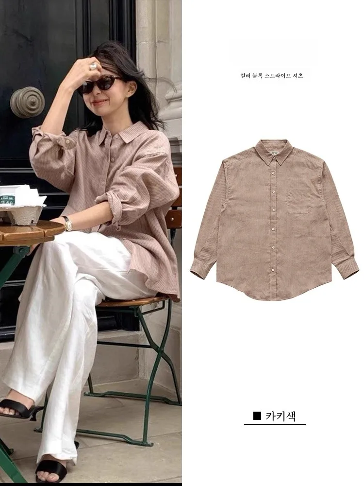 Farven Stripe Linen Shirts Women 24 Autumn New Korean Casual Lapel Advanced Artistic Long sleeve Sun Protection Shirt