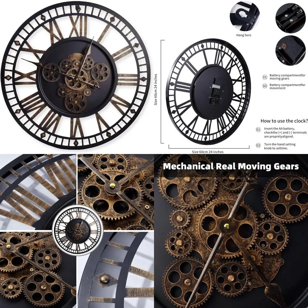 

Vintage-Style 24 Inch Round Metal Wall Clock with Moving Gears - Silent, Large Digital Display for Home and Office