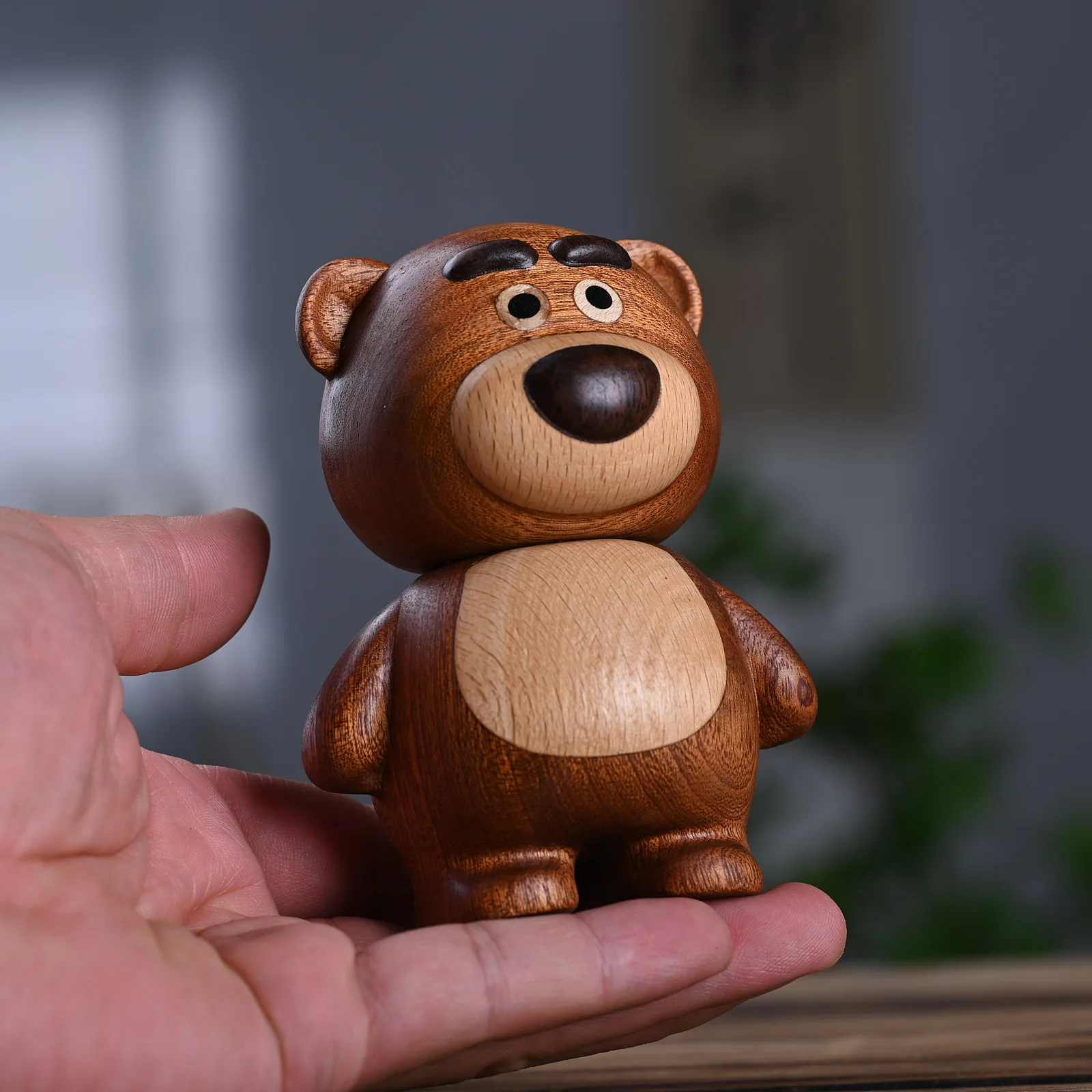 Miniature Solid Wood Carving Cute Little Bear Statuette Toothpick Jar 4.13