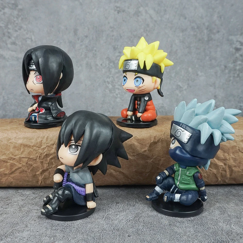 4Pcs Naruto figure Q version sitting Naruto Kakashi Sasuke ferret model ornament doll decoration animation peripheral figure