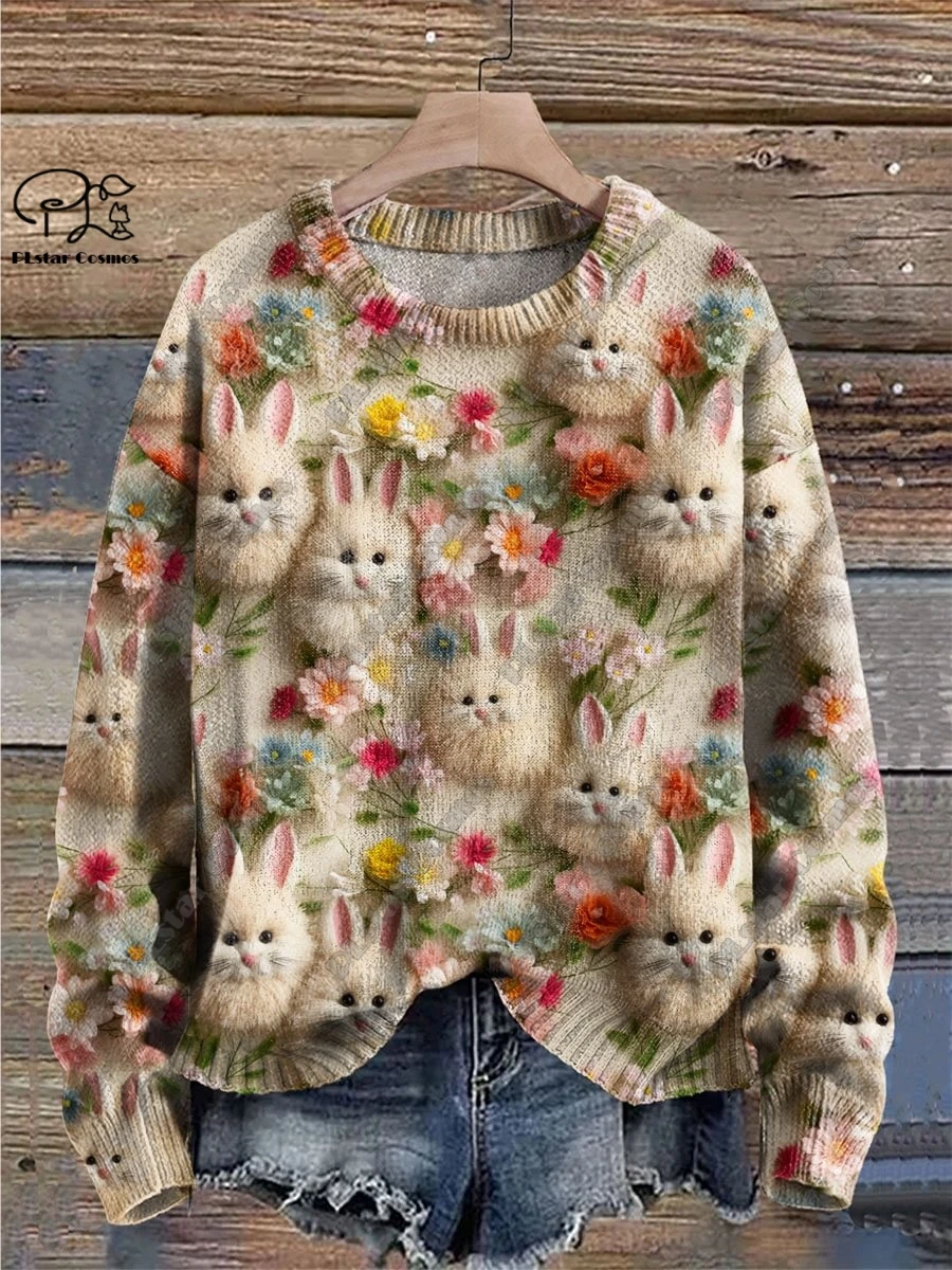 PLstar Cosmos new 3D printed animal series cute owl and rabbit pattern brutto maglione winter street casual unisex