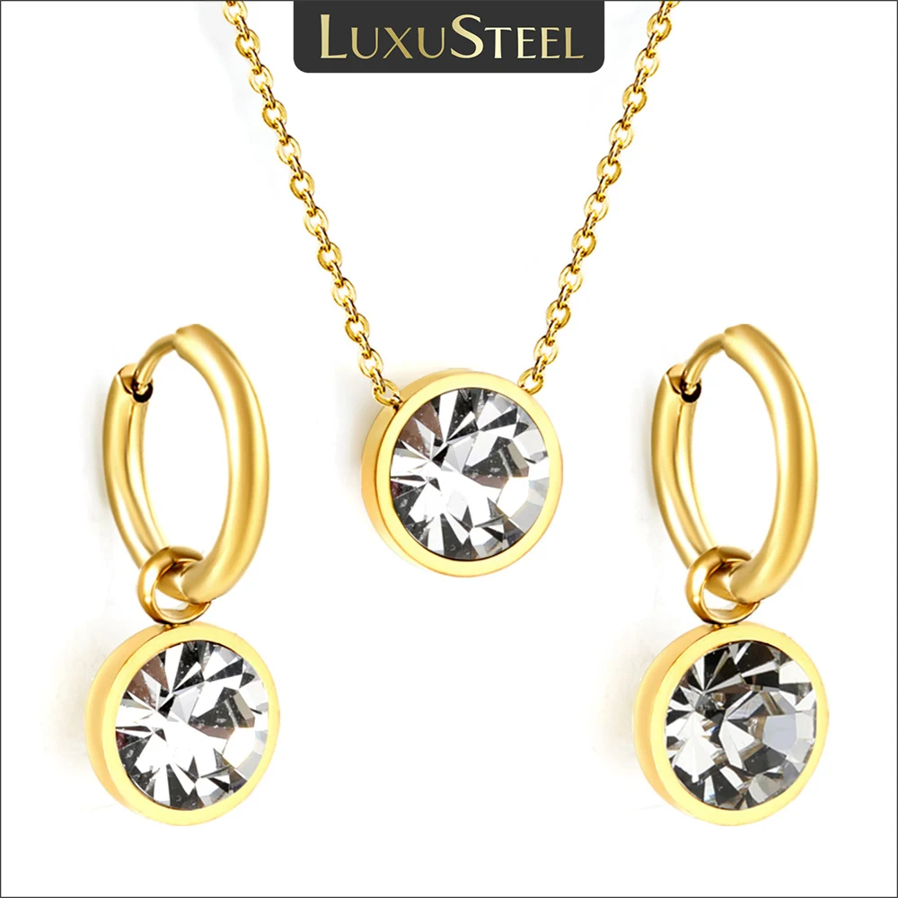 LUXUSTEEL Round White Colorful Crystal Stone Drop Hoop Earrings Necklace Women Stainless Steel Purple Green Blue Zirconia Sets