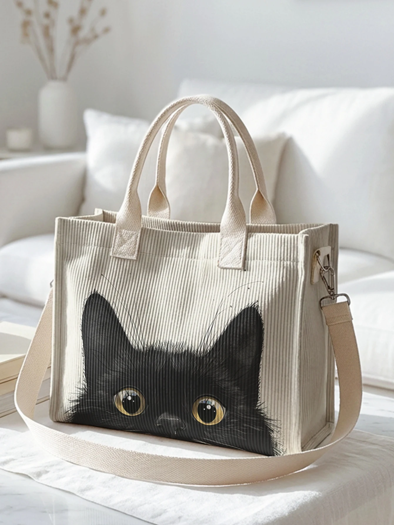 Peeking Black Cats Print Corduroy Tote Bag Large Capacity Multi Pocket Cat Lover Commuter Shoulder Bag - view 4
