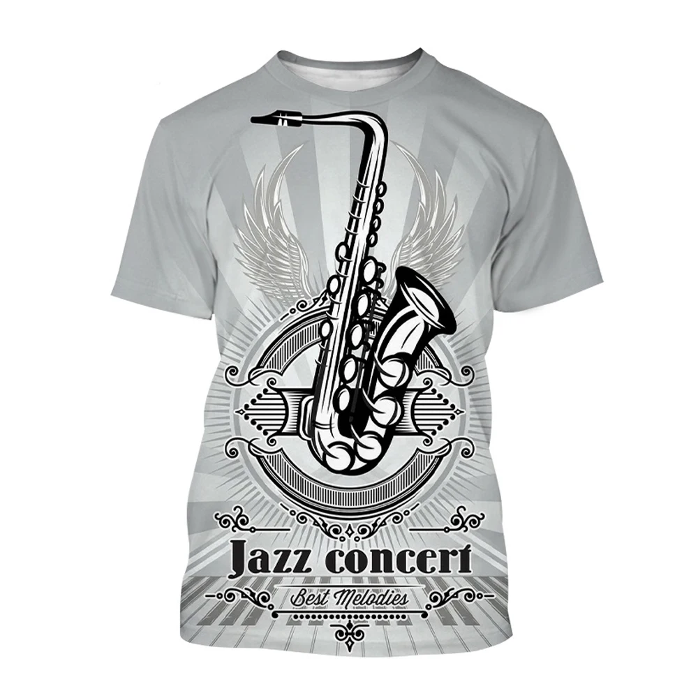 New Men\'s Street Casual Music Element 3D T-shirt Hip-Hop Saxophone Pattern Print Tops Fashion Trend Handsome Round Neck Clothing