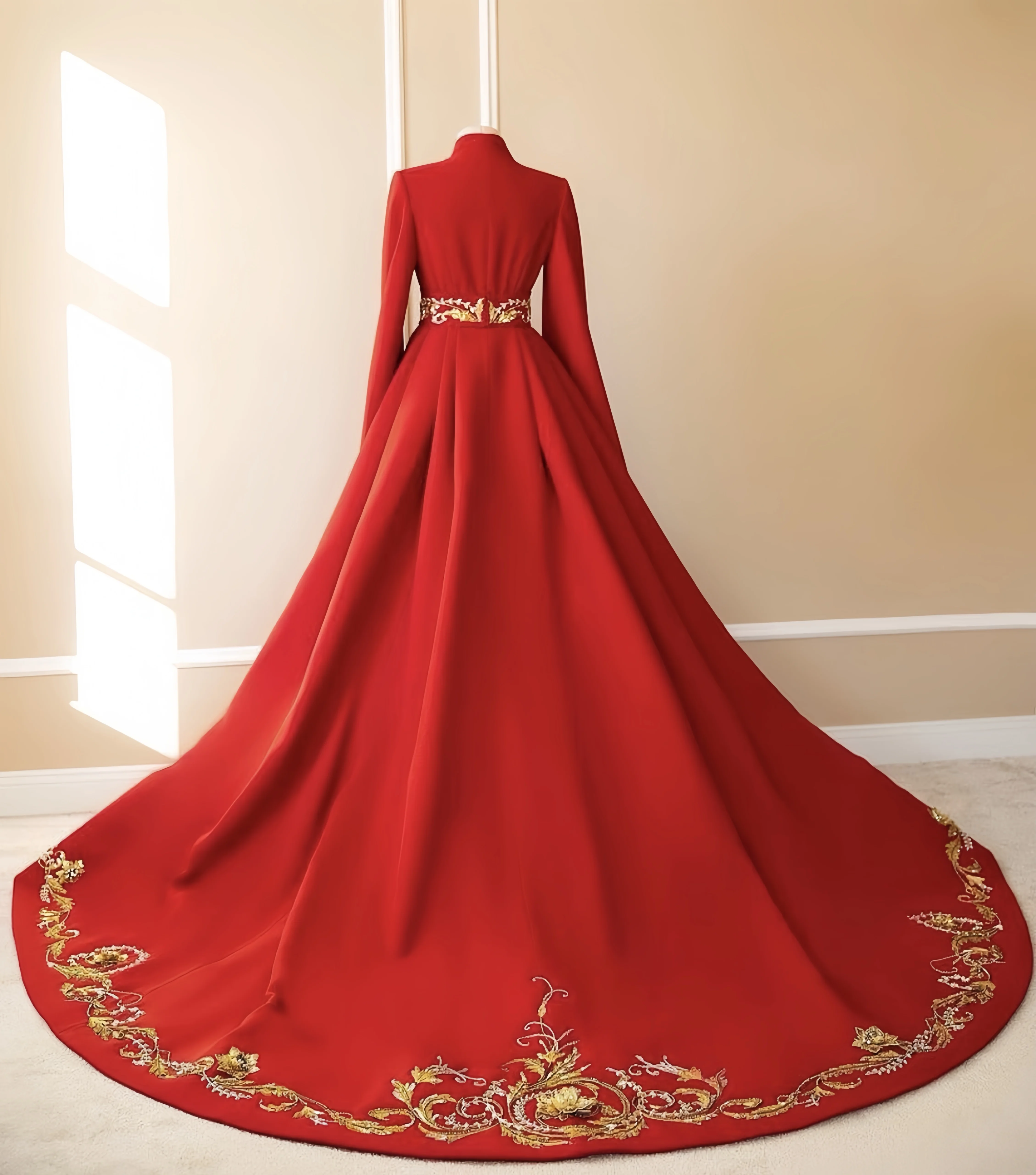 맞춤형 고급 웨딩 신상 로브, 밝은 빨간색 자수 웨딩드레스, 웨딩 파티 볼, 긴팔 교회 예복
