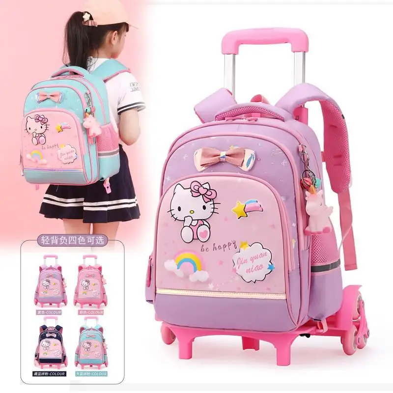 Anime Hello Kittys Trolley School Bag Student Rolling Backpack with Wheels Large Capacity Portable Waterproof Wearable Girl Gift