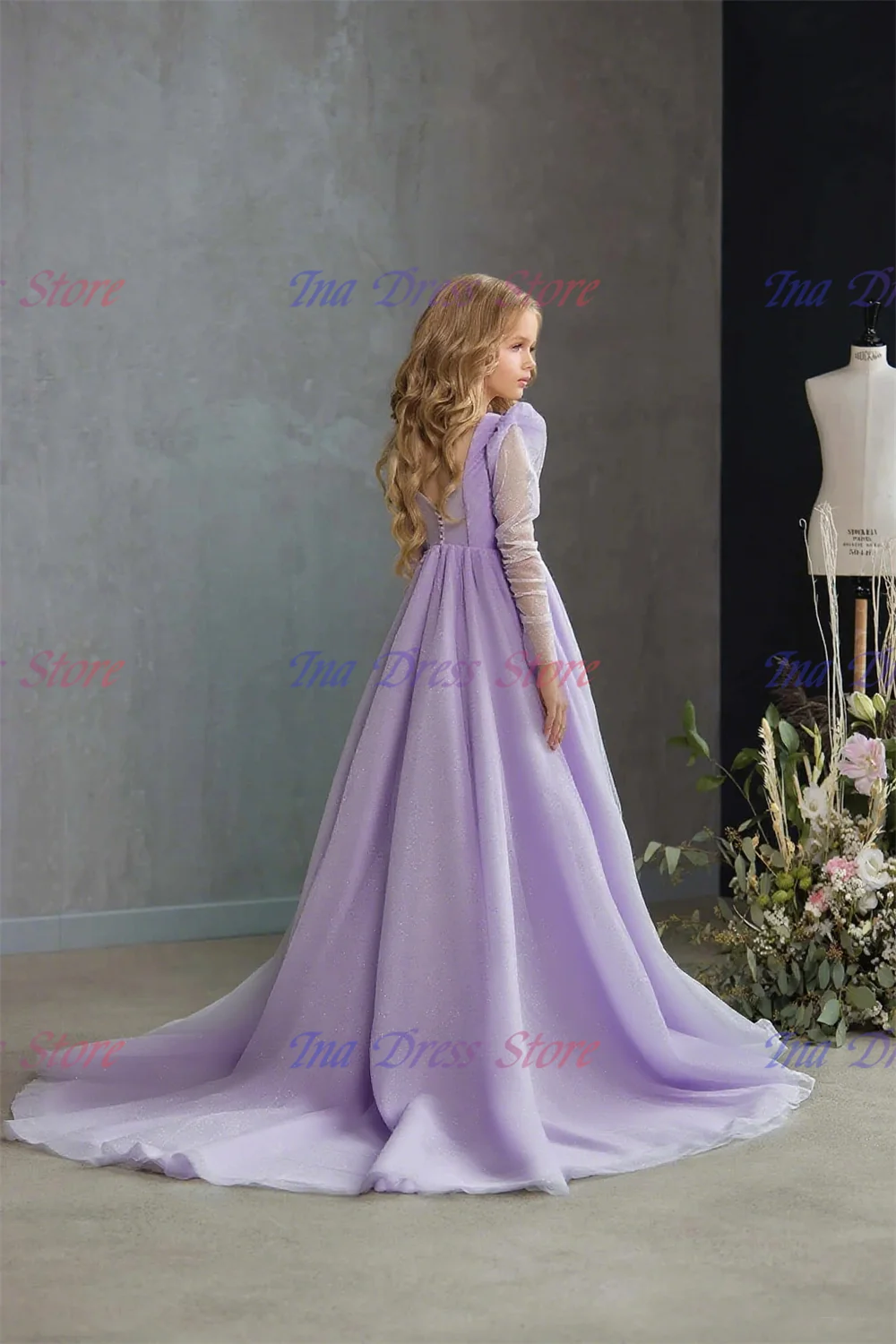 신성함 화이트 플라워 걸 드레스, 웨딩 얇은 명주 그물 긴팔, 반짝이는 어린이 생일 선물, 파티 첫 성찬식 무도회 가운