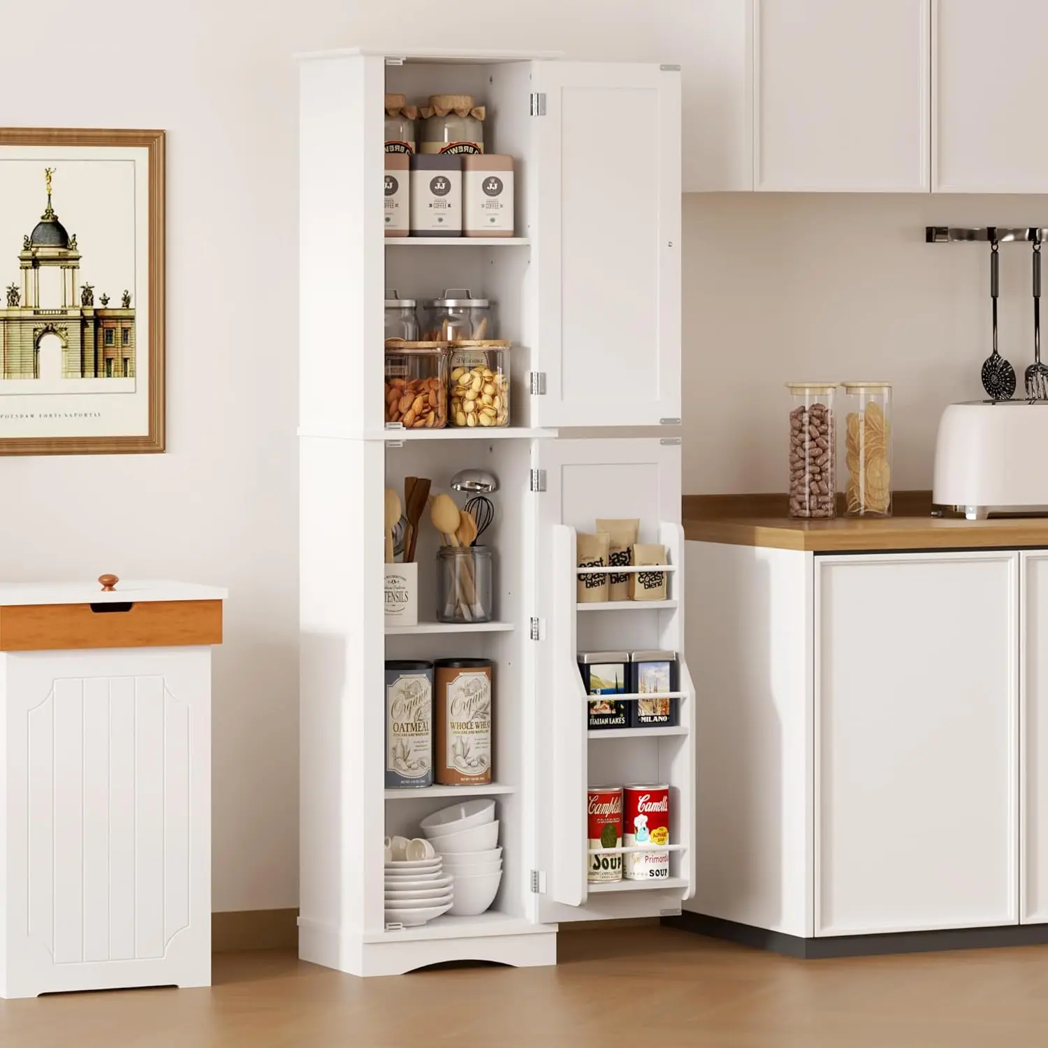

Tall Bathroom Storage Cabinet, 64" Slim Kitchen Pantry with Door Storage, Narrow Wood Freestanding Cabinets