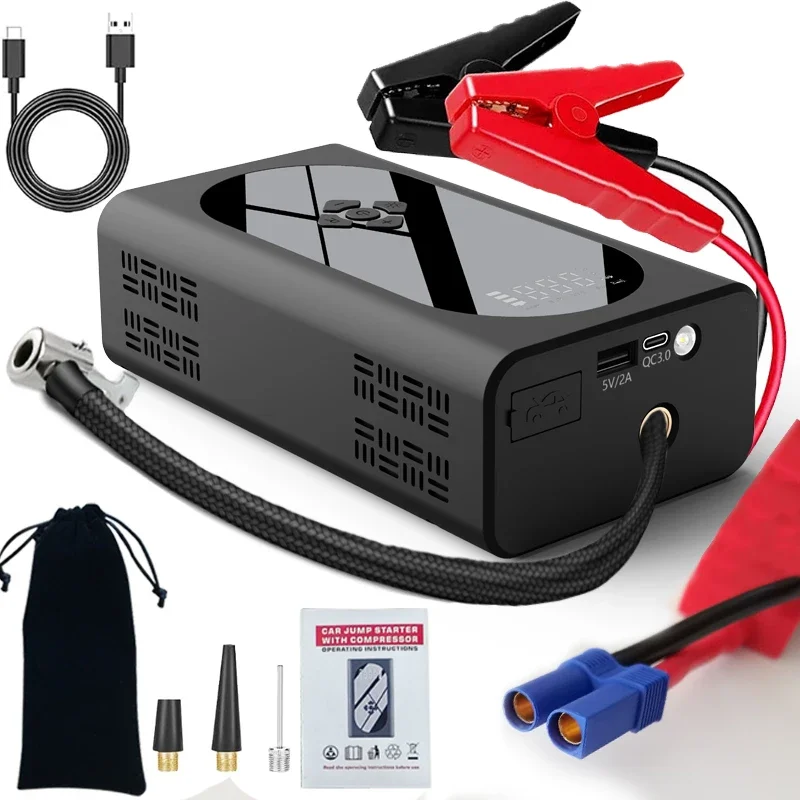 

Powerful 1000A peak jump starter with air pump, 12V portable 10000mAh lithium car power bank battery booster with tire inflator