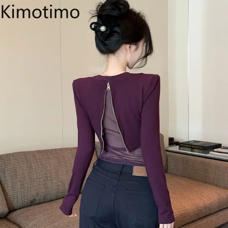Kimotimo Sexy Long Sleeve T-shirts Women Korean Fashion Back Zipper Design O-neck Slim Fit Tops Spicy Girls Solid Y2k Chic Tees