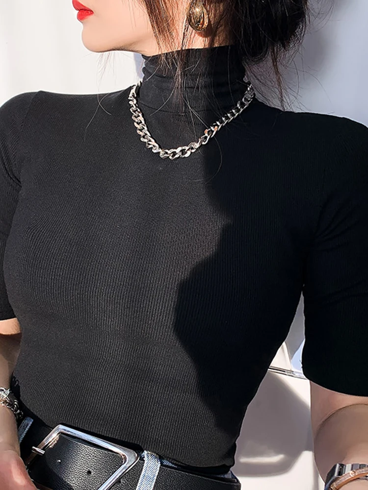 基本的な Tシャツ女性タートルネックスリム Tシャツ半袖 Tシャツ女性カジュアル弾性白 Tシャツファム女性トップ